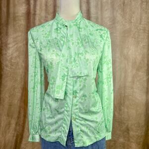 Vintage Floral Blouse 70s Green Polyester Long Sleeve Top Neck Tie Retro Disco
